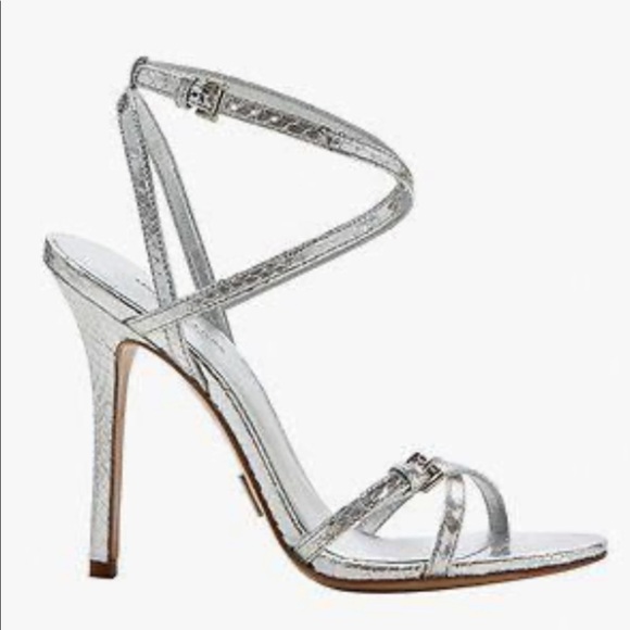 Michael Kors | Jennie Metallic Silver Sandal Heels - Picture 1 of 11